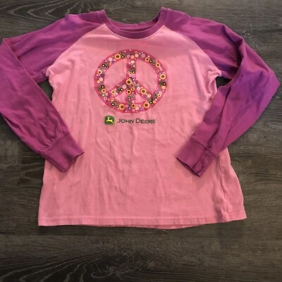 John Deere girls long sleeve pink peace sign shirt sz L 14/16 - Image 1 of 4