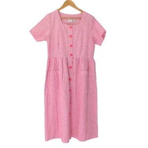 NEW Womens Pink White Striped Seersucker Shirt Dress Button Down Midi Modest S - Picture 1 of 5