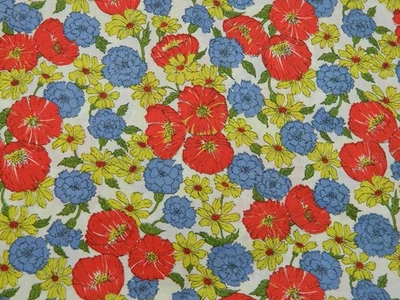 POPPY FLOWER Red Yellow Blue White Floral Vintage Fabric 35" x  1 3/4 yards - Image 1 of 3
