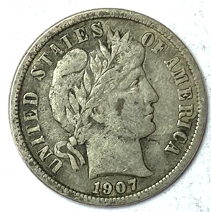1907 10c Barber Silver Ten Cents Dime US Philadelphia - Foto 1 di 2