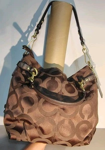 Coach Brooke Hobo brown canvas Op Art 14147  purse Leather/ Gold Hardware - Picture 1 of 20