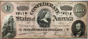 1864 $100 Confederate States Of America Note AU+ Circulated P175 - Picture 1 of 2