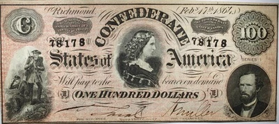 1864 $100 Confederate States Of America Note AU+ Circulated P175 - Image 1 of 2