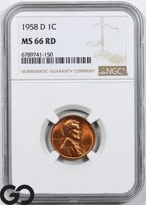1958-D Lincoln Cent Wheat Red Penny, NGC MS-66 RD - Picture 1 of 2