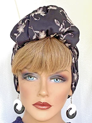 Ruffled Front Ivory Embroidery on Black KnitChemo Turban Hijab Alopecia - Image 1 of 3