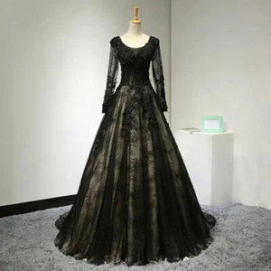 Black Gothic Wedding Dresses long sleeves Tulle with Lace Appliques Bridal Gowns - Picture 1 of 11