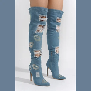 Kiss My - Blue Distressed Denim Thigh High Boots With Rhinestone Lips - Picture 1 of 5