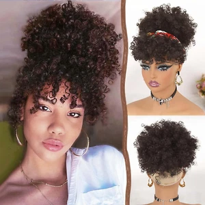 Afro Puff Drawstring Ponytail with Foux Bangs Kinky Curly Hair Drawstring Ponyta - Picture 1 of 7
