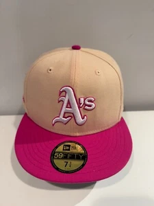 Oakland Athletics MLB New Era 59FIFTY Fitted Hat 7 3/4 Beige/Pink - Picture 1 of 7
