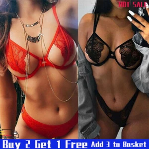 Women Lace Sheer Hollow Out Bra Thongs Set Sexy Lingerie Underwear Nightwear - Picture 1 of 8