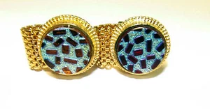 Round Metallic Turquoise/Dark Ruby Pieces Stone w/ Gold Tone Mesh Band (2E.1) - Picture 1 of 4