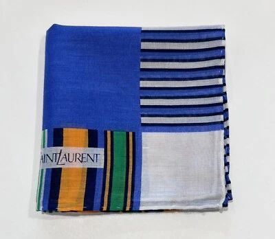 MEN HANDKERCHIEF YSL CLASSIC ART BLUE PLAID STRIPED COTTON POCKET SQUARE 18" - Image 1 of 4