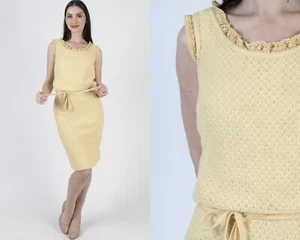 Vintage Jonathan Logan Dress Belted Yellow 50s Pencil Knee Length Sundress 13 - Picture 1 of 9