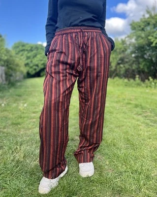 Cotton Maroon Hippie Festival Stripe Unisex Eco friendly  LightweightTrousers  - Image 1 of 4