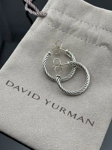 David Yurman Sterling Silver Classic Cable Hoop Earrings 3/4" Diameter Big Backs - Picture 1 of 24