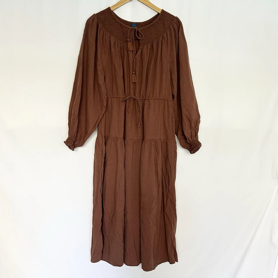Old Navy Tiered Prairie Peasant Midi Dress Womens M Boho Cottage Chocolate Brown - Image 1 of 4