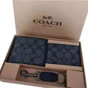 COACH MEN'S 3 IN 1 WALLET BOXED SET IN SIGNATURE CANVAS BLACK/BLACK/OXBLOOD - Picture 1 of 7