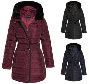 Womens Fur Hooded Belted Winter Faux Quilted Padded Warm Long Trim Coat - Picture 1 of 9