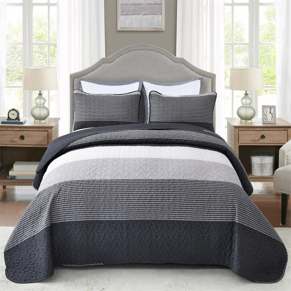 WONGS 波西米亚条纹王后 3 件套被子套装轻便超细纤维床罩 — 第 1/1 张图片