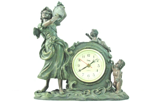 Vintage Ornate Desk Clock Lady w Tambourine Cherubs Statue Antique Green Resin Cover