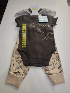 NEW Carter's Baby Boy 3 Piece Set, Bodysuit, Dinosaurs Brown, Gray, Tan 9M - Picture 1 of 7