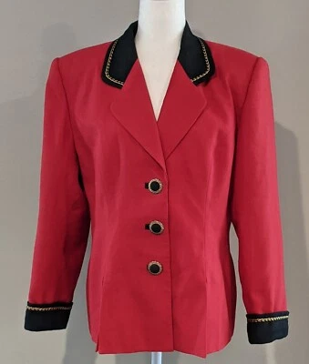 复古 80 年代 Morgan Miller 尺寸 14 红色带金色/黑色编织装饰纽扣西装外套 — 第 1/4 张图片