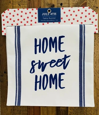 NWT Home Sweet Home Table Runner White Blue Patriotic 4th July Farmhouse 13x72 - Image 1 of 4