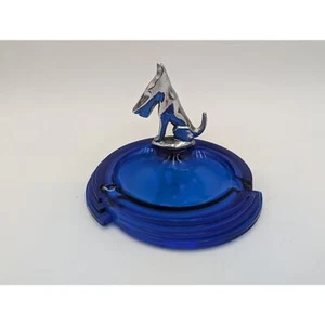 Art Deco Cobalt Blue Glass Ashtray with Chrome Scotty Scottie Dog - Picture 1 of 7