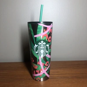 Starbucks 2021 JUNGLE CHEETAH SS Cold Cup Summer Venti Stainless Steel Pink Grn - Picture 1 of 5