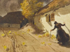 Acuarela según Ludwig Dettmann vista callejera con mujer Tormenta de otoño (152) - Imagen 1 de 9