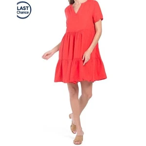 Francesca Bettini Italy 100% Linen Babydoll Dress Short Sleeve Split V-neck Sz L - Picture 1 of 9