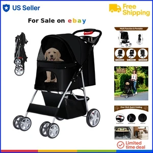 Pet Stroller Alloy Steel Foldable 2 Seat Mesh Canopy Cup Storage Travel - Picture 1 of 9