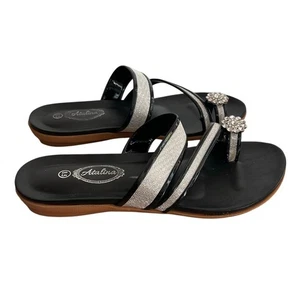 Atalina Women's Black and Silver Bling Sparkly Slip On Flat Sandals Size 8.5 - Picture 1 of 5