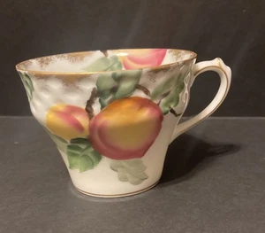 Lefton China Flat Tea Cup 8 oz Handpainted Peaches Gold Trim Gold Brushed Edge - Picture 1 of 8