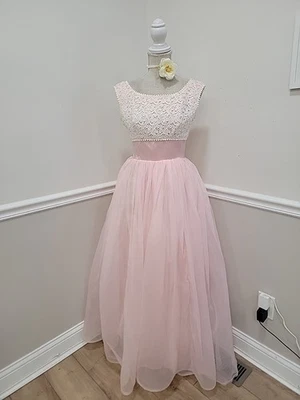 VTG 1950s Mid-Century Pink Chiffon/White Lace Cupcake Prom Party Dress /As Is - Image 1 of 4