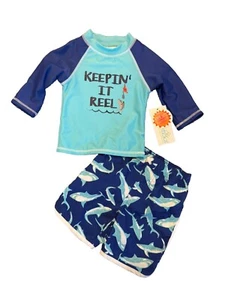 Boys Shark Swim Rash Guard & Trunks Swimsuit Set 50 + Sun Protection NWT Size 4 - Picture 1 of 7