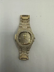Stunning Fashion Iced Gold Tone Link Bracelet Analog Watch . Crystal Covered - Picture 1 of 5