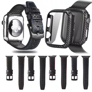 CARBON FIBRE Genuine Leather Band Strap Cover Case For Apple Watch Series 654321 - Picture 1 of 10