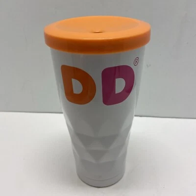 Dunkin Donuts Travel Cup 16oz Stainless Tumbler Sipper Lid Orange No Straw Shown - Image 1 of 4