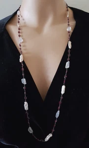 Handmade Stg.Sil. Wire Rhodolite Garnet, Rose Quartz & Biwa Pearl Necklace - Picture 1 of 8
