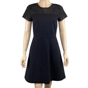 J.Crew Black Laser Cut Lace Short Sleeve Dress Size 2 Fit & Flare Eyelet - Picture 1 of 8