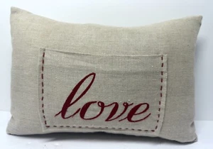 Pottery Barn Embroidered Linen *LOVE* Feather Pocket Throw Pillow 9x14 - Picture 1 of 6