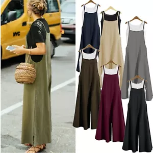 Women Sleeveless Linen Plus Loose Jumpsuit Overall Trousers Wide Leg Pants - Picture 1 of 11
