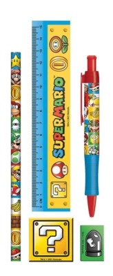 Juego de Papelería Personajes Super Mario - Bolígrafo, Lápiz, Regla, Borrador, Sacapuntas Foto 1 de 3