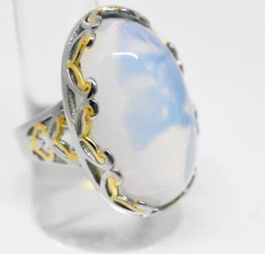 Women's HUGE Cabochon Moonstone Glass Two-Tone 316L Stainless St.Ring Size 9.25 - Picture 1 of 6