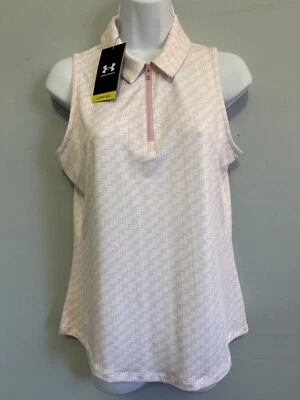 Under Armour 女式 1/4 ZIP PRIME 粉色无袖 Polo 高尔夫中号全新带标签 — 第 1/4 张图片