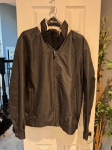 London Fog Men's Jacket Black with Tan Trim and Hidden Hood Size Large - Picture 1 of 3
