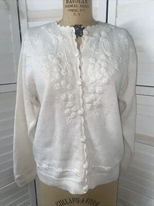 VTG 90s SML Sport Women's White Knit Cardigan Sweater Floral Needle Work Size L - Picture 1 of 6