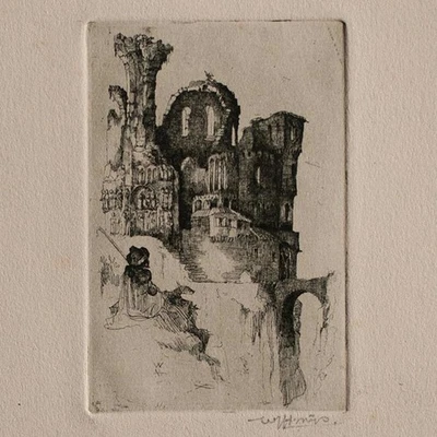 Ruinenlandschaft Burgruine mit Wanderer Surrealismus signiert Radierung um 1900 - Bild 1 von 3