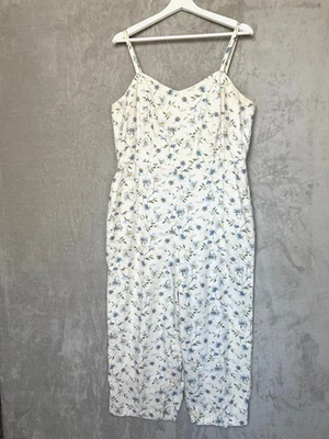 Sleeveless Floral Cream Linen Jumpsuit Overalls With Pockets Straight Leg XL - Image 1 of 4